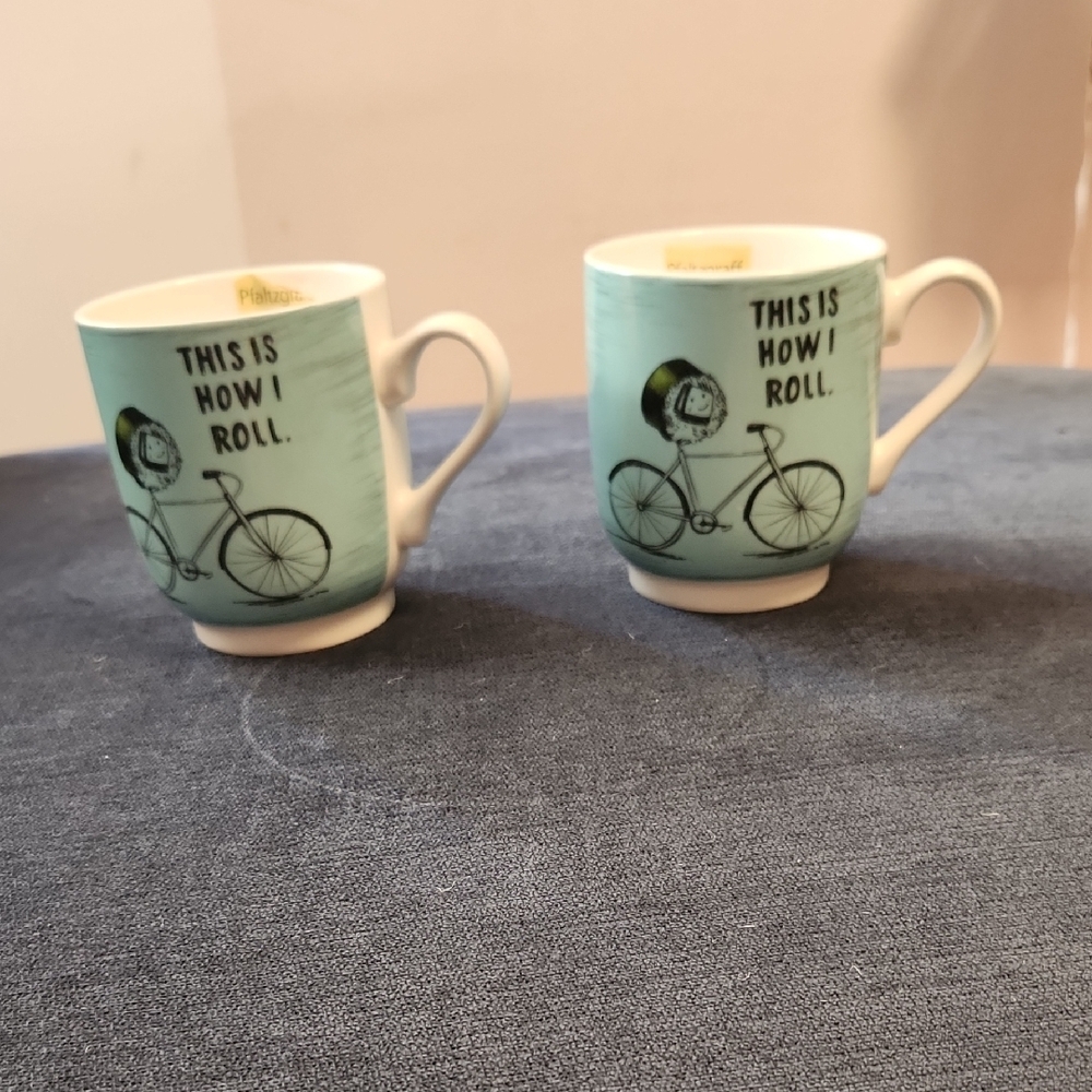 Pfaltzgraff Blue Bicycle Mug Set Of 2 "This Is How I Roll" Syshi Roll